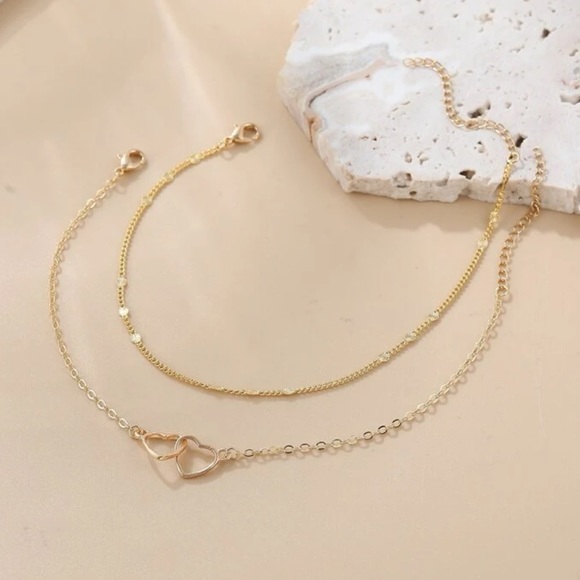 2 pcs Heart Bracelet Set Golden Chain - Picture 3 of 6